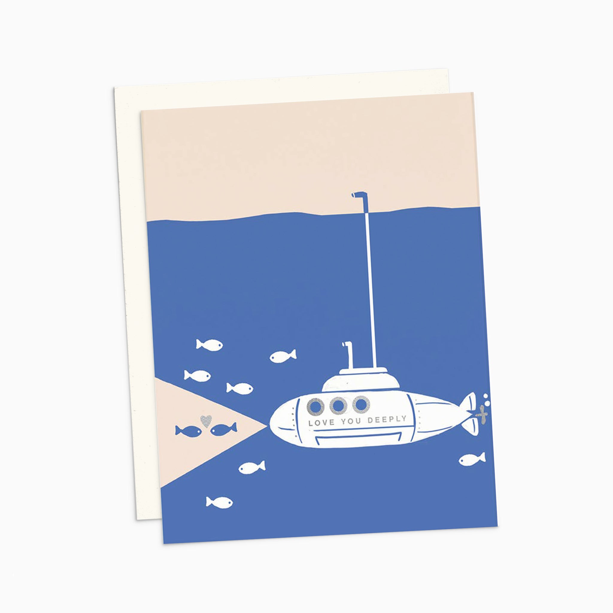 Illustrated love card on warm white premium cardstock, featuring a submarine underwater with fish, and two fish in the submarine's headlight beams sharing a heart, with the text 'Love You Deeply.