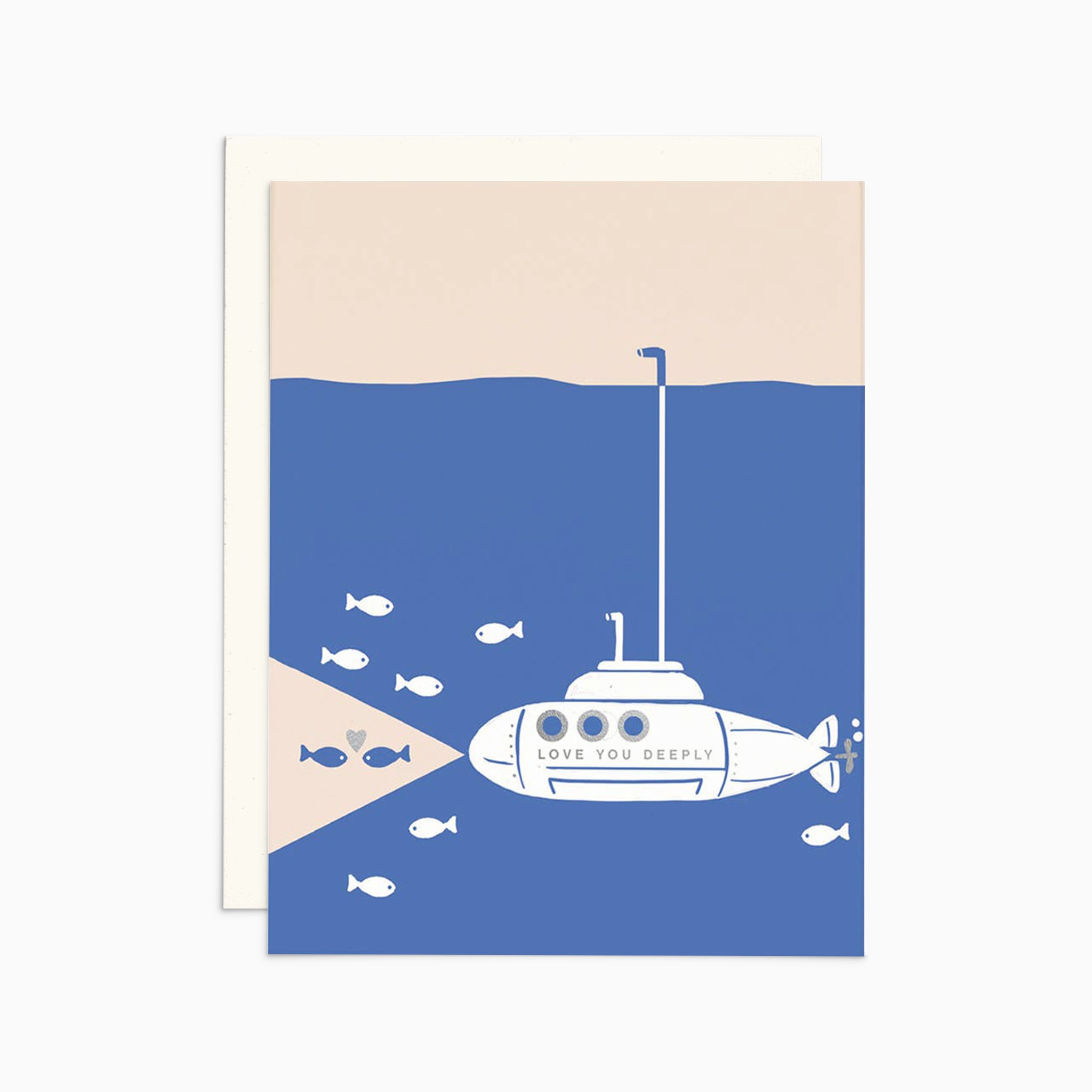 Illustrated love card on warm white premium cardstock, featuring a submarine underwater with fish, and two fish in the submarine's headlight beams sharing a heart, with the text 'Love You Deeply.