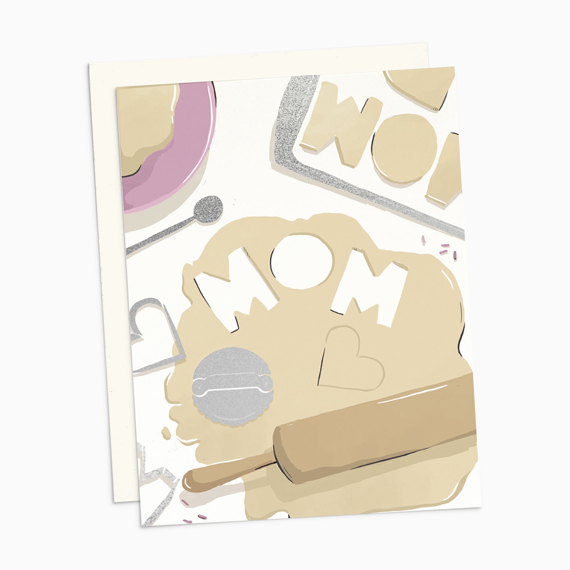 Illustrated Mother's Day card on warm white premium cardstock, featuring rolled-out cookie dough with the word 'Mom' cut out, symbolizing the sweetness and love of a mother's special touch.