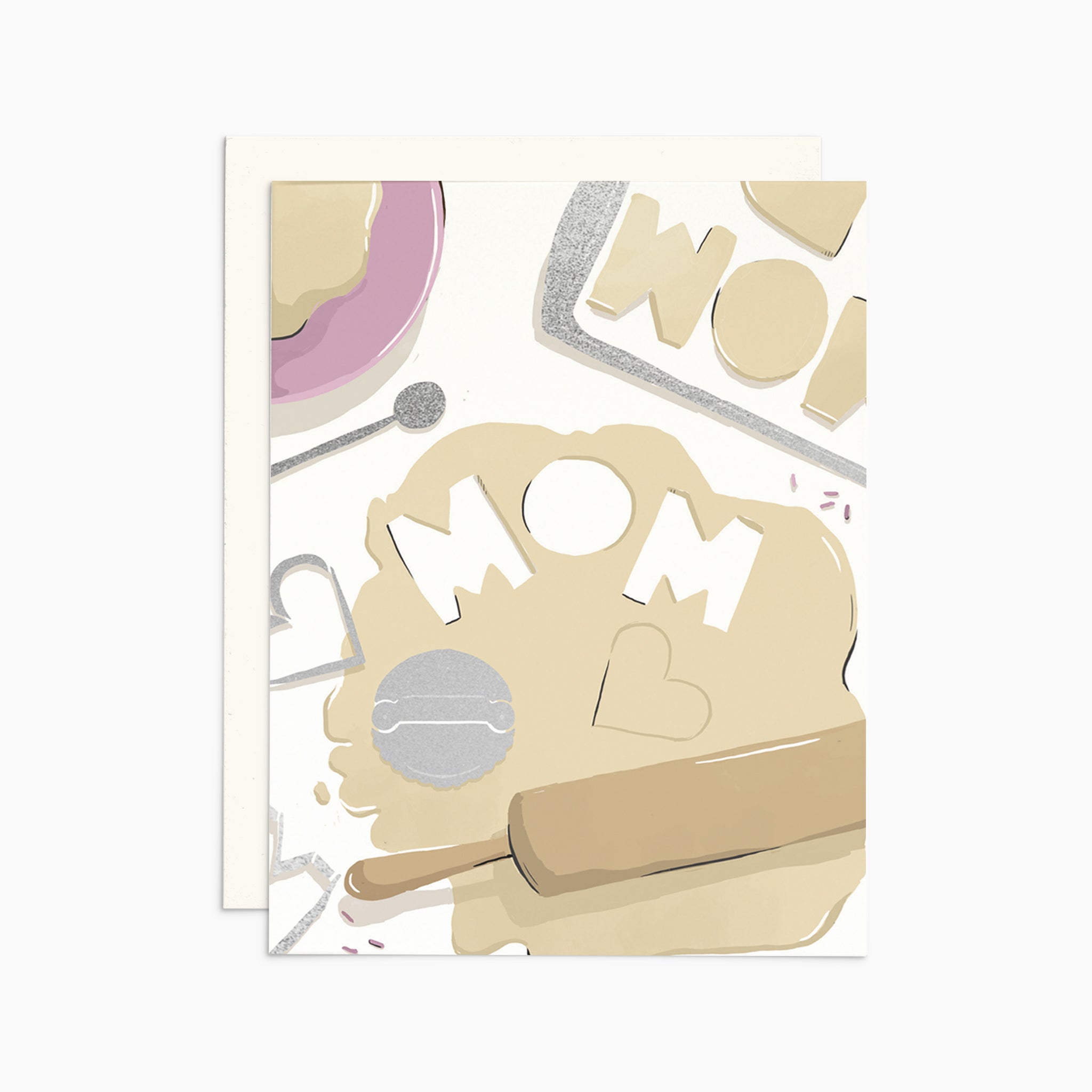 Illustrated Mother's Day card on warm white premium cardstock, featuring rolled-out cookie dough with the word 'Mom' cut out, symbolizing the sweetness and love of a mother's special touch.