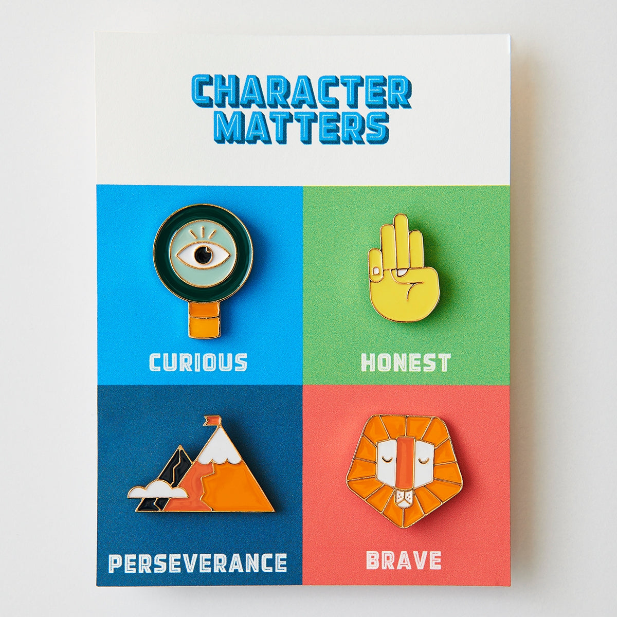 Set of 4 children's character badge enamel pins featuring the traits Curious, Honest, Perseverance, and Brave, perfect for personalizing kids' jackets, bags, or hats.