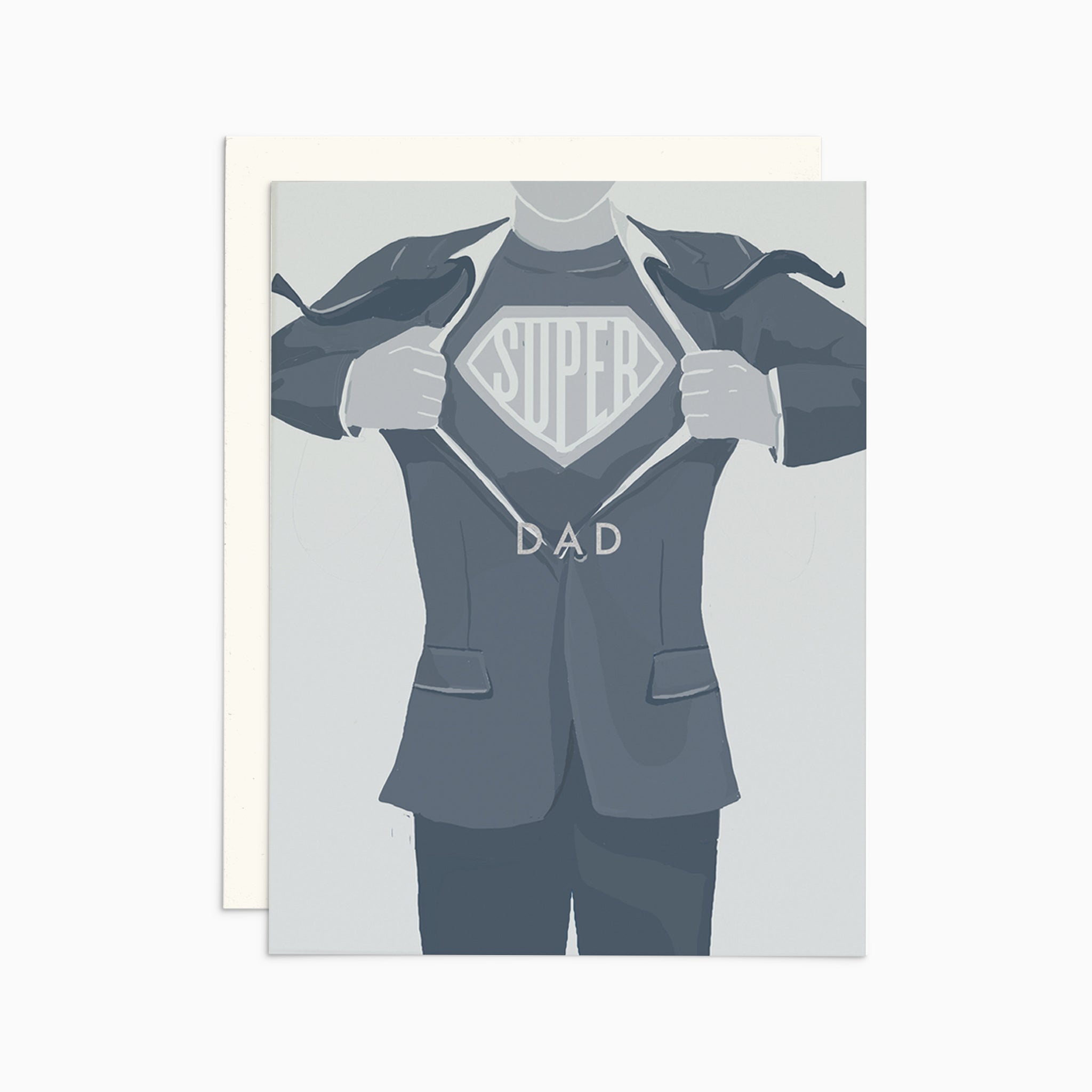 Illustrated Father's Day card featuring a man in Superman pose, opening his suit to reveal a 'Super Dad' shirt, printed on warm white cardstock.