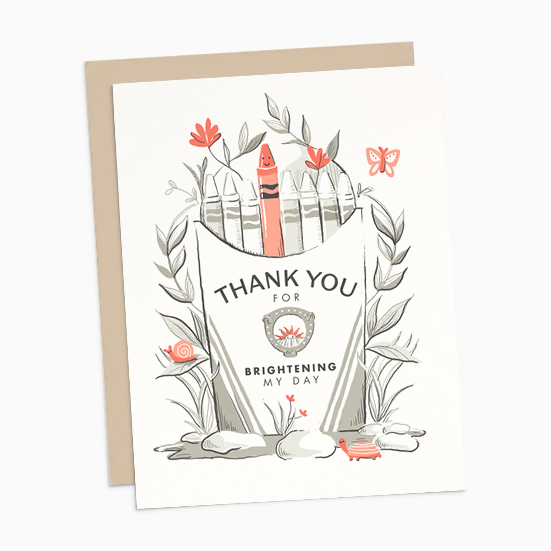 Illustrated Thank You Card featuring a box of crayons with one bright crayon and whimsical florals, displayed on a neutral background. Perfect for expressing heartfelt gratitude.