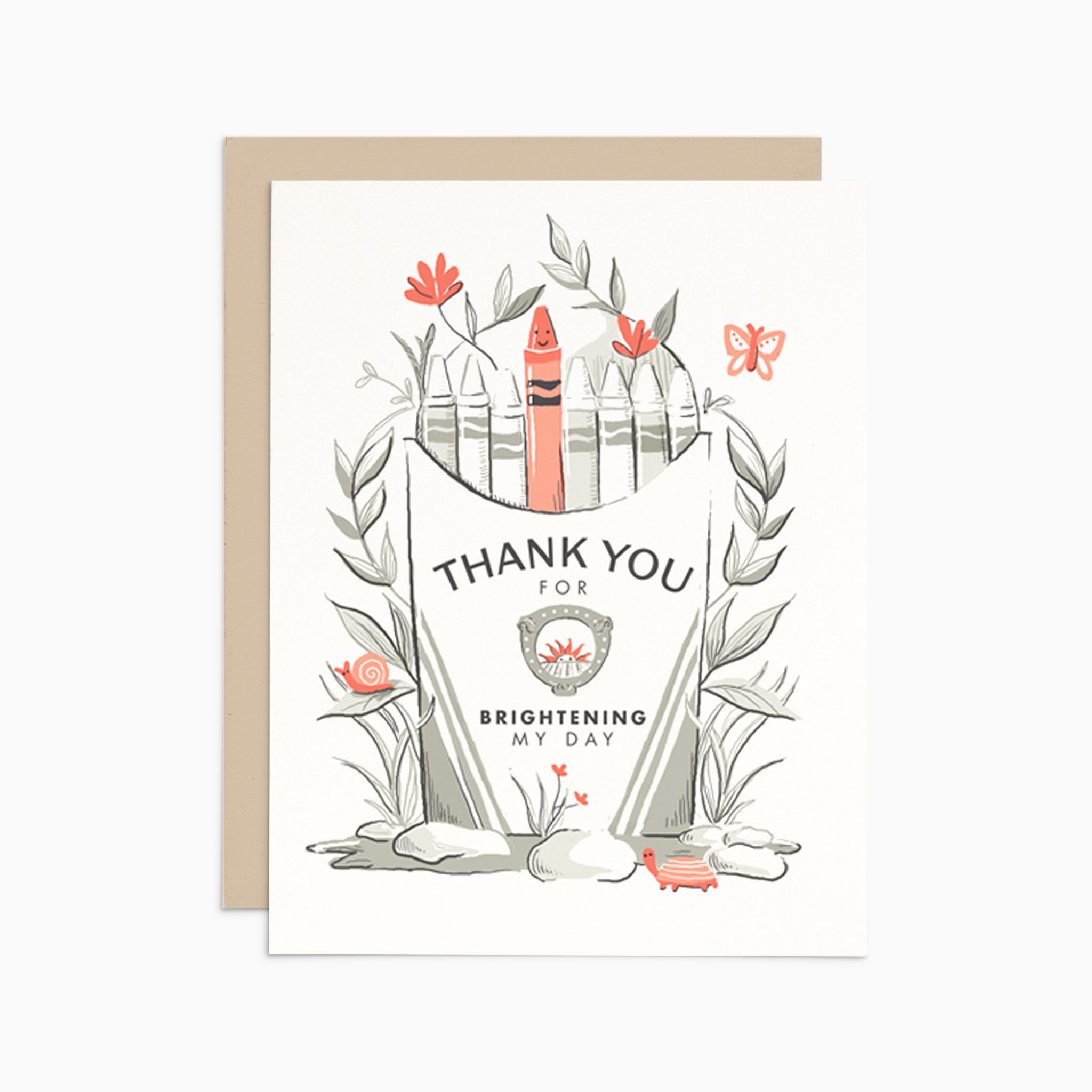 Illustrated Thank You Card featuring a box of crayons with one bright crayon and whimsical florals, displayed on a neutral background. Perfect for expressing heartfelt gratitude.